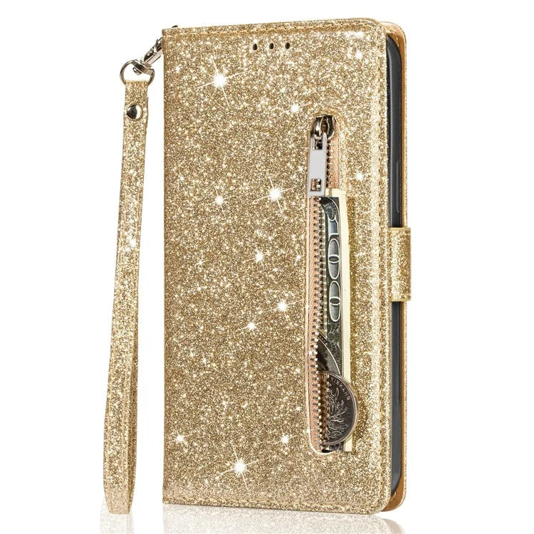For Samsung Galaxy A55 5G Cell Phone Case Zipper Pocket Wallet Glitter Leather Drop-proof Cover
