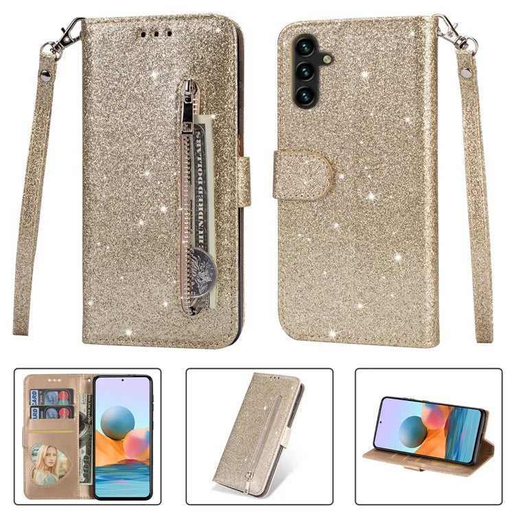 For Samsung Galaxy A55 5G Cell Phone Case Zipper Pocket Wallet Glitter Leather Drop-proof Cover