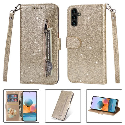 For Samsung Galaxy A55 5G Cell Phone Case Zipper Pocket Wallet Glitter Leather Drop-proof Cover