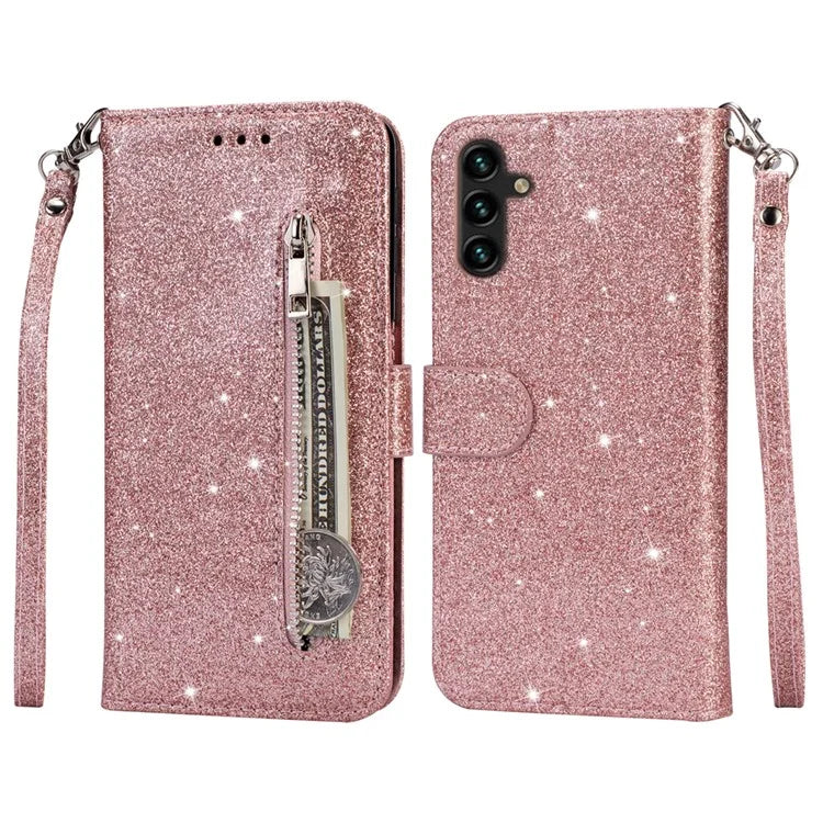 For Samsung Galaxy A55 5G Cell Phone Case Zipper Pocket Wallet Glitter Leather Drop-proof Cover Gold