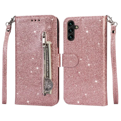 For Samsung Galaxy A55 5G Cell Phone Case Zipper Pocket Wallet Glitter Leather Drop-proof Cover Gold