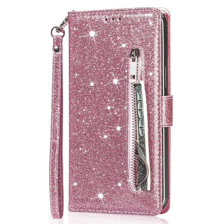 For Samsung Galaxy A55 5G Cell Phone Case Zipper Pocket Wallet Glitter Leather Drop-proof Cover Gold