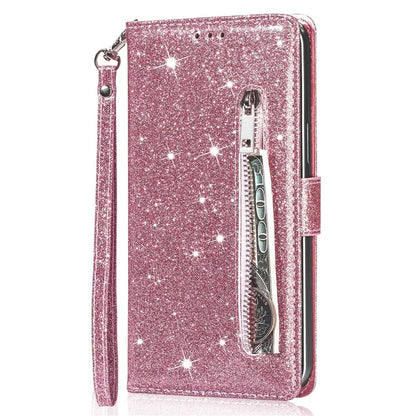 For Samsung Galaxy A55 5G Cell Phone Case Zipper Pocket Wallet Glitter Leather Drop-proof Cover Gold