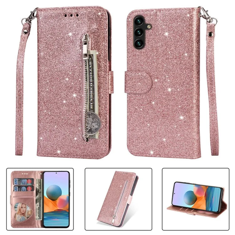 For Samsung Galaxy A55 5G Cell Phone Case Zipper Pocket Wallet Glitter Leather Drop-proof Cover Gold