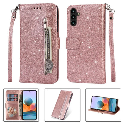 For Samsung Galaxy A55 5G Cell Phone Case Zipper Pocket Wallet Glitter Leather Drop-proof Cover Gold