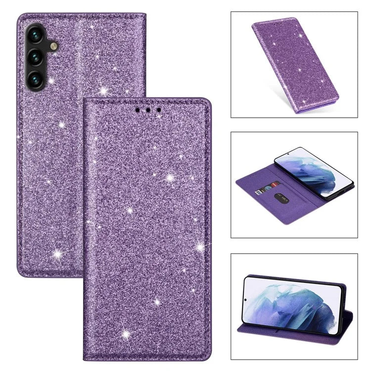For Samsung Galaxy A55 5G Cell Phone Case Glitter PU Leather Stand Card Slots Cover