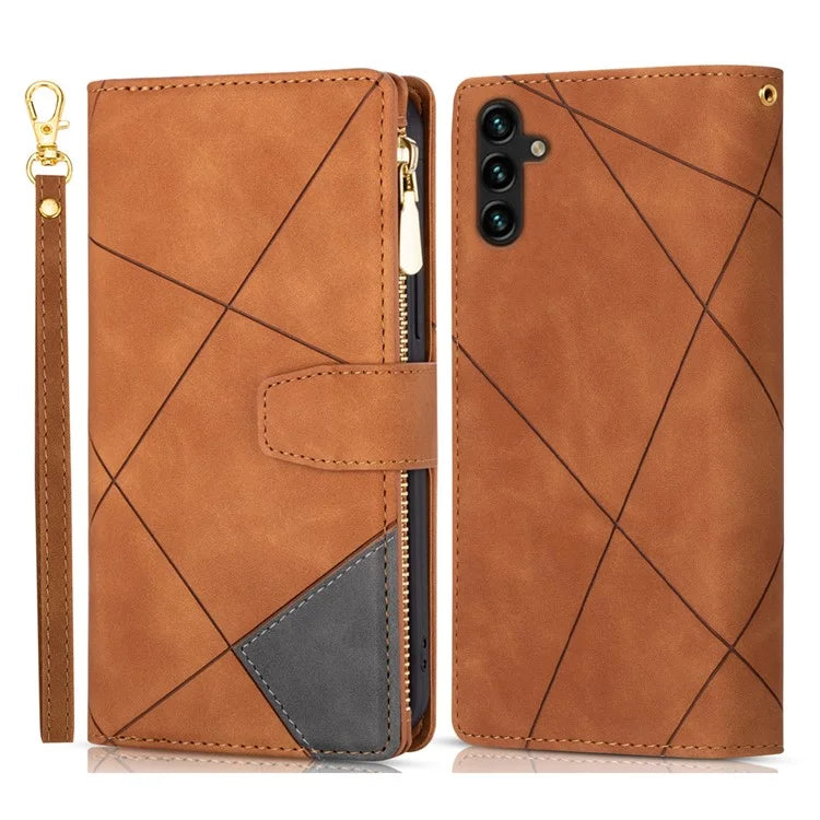 For Samsung Galaxy A55 5G Cell Phone Case Zipper Pocket Color Splicing Leather Wallet Cover