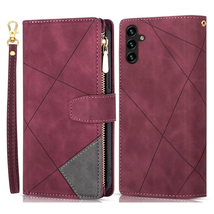 For Samsung Galaxy A55 5G Cell Phone Case Zipper Pocket Color Splicing Leather Wallet Cover