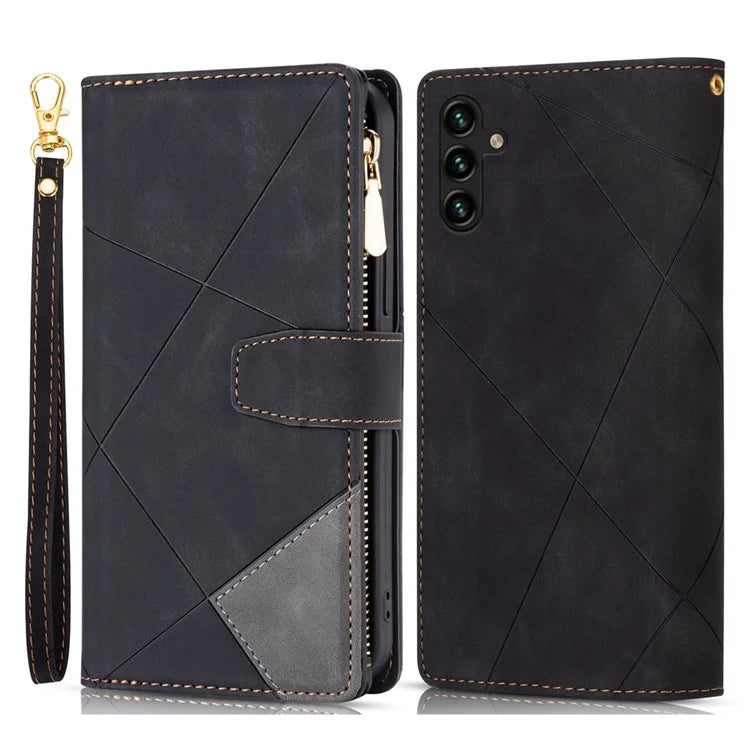 For Samsung Galaxy A55 5G Cell Phone Case Zipper Pocket Color Splicing Leather Wallet Cover