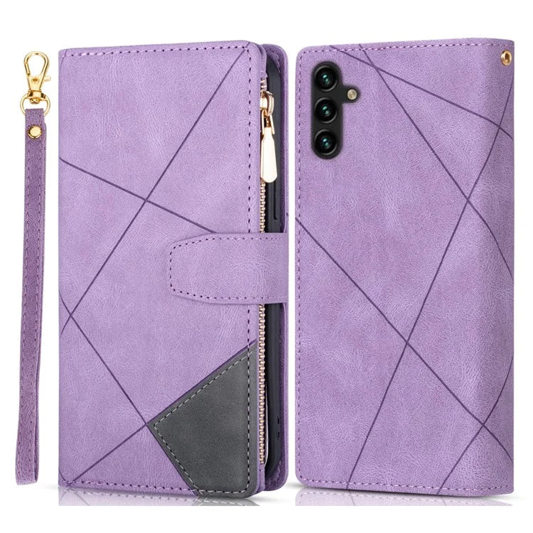 For Samsung Galaxy A55 5G Cell Phone Case Zipper Pocket Color Splicing Leather Wallet Cover