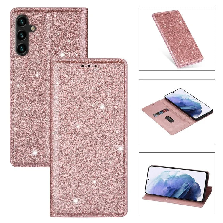 For Samsung Galaxy A35 5G Magnetic Phone Case Glittery PU Leather+TPU Card Holder Cover