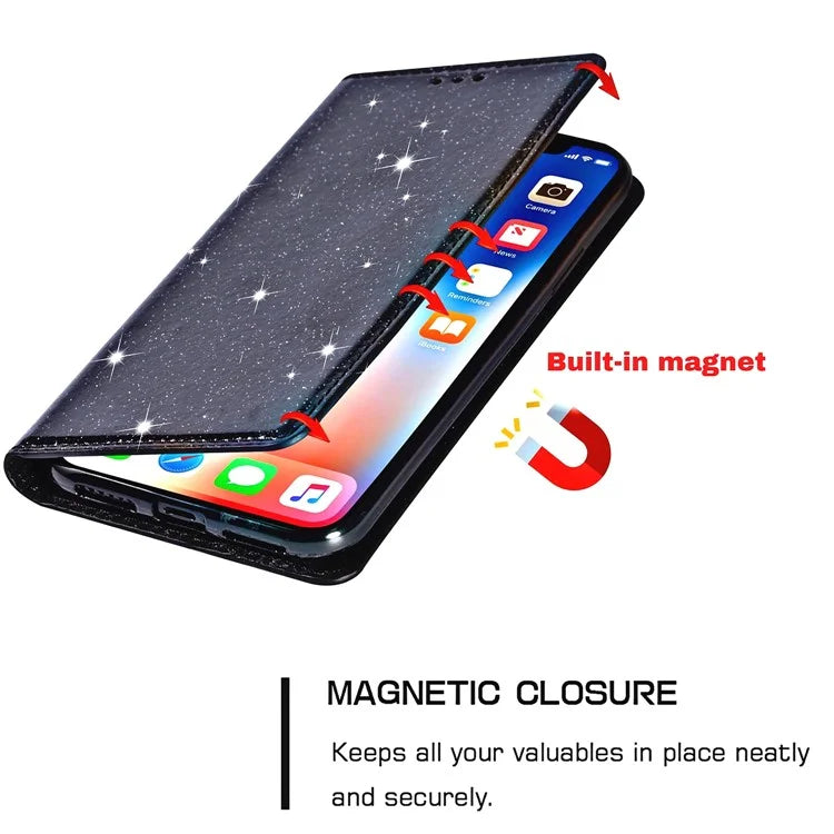 For Samsung Galaxy A35 5G Magnetic Phone Case Glittery PU Leather+TPU Card Holder Cover