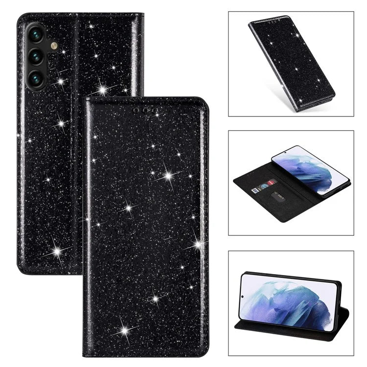 For Samsung Galaxy A35 5G Magnetic Phone Case Glittery PU Leather+TPU Card Holder Cover