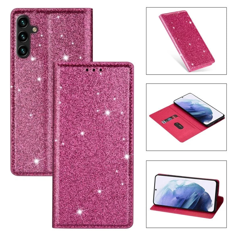 For Samsung Galaxy A35 5G Magnetic Phone Case Glittery PU Leather+TPU Card Holder Cover
