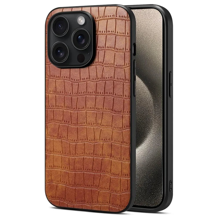 For iPhone 15 Pro Max Case Shockproof Crocodile Textured PU+PC+TPU Phone Cover
