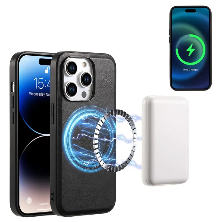 DENIOR For iPhone 15 Pro Max Magnetic Phone Case PU Leather Coated TPU+PC Cover