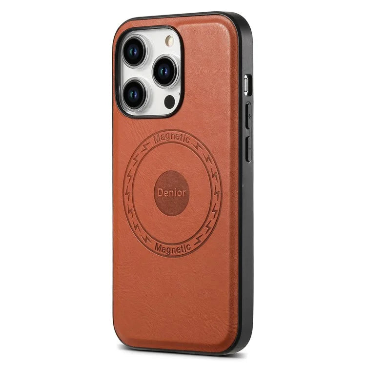 DENIOR For iPhone 15 Pro Max Magnetic Phone Case PU Leather Coated TPU+PC Cover