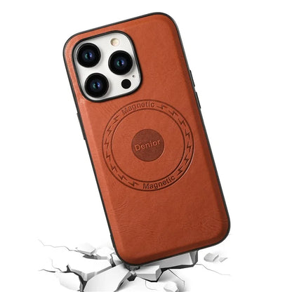 DENIOR For iPhone 15 Pro Max Magnetic Phone Case PU Leather Coated TPU+PC Cover