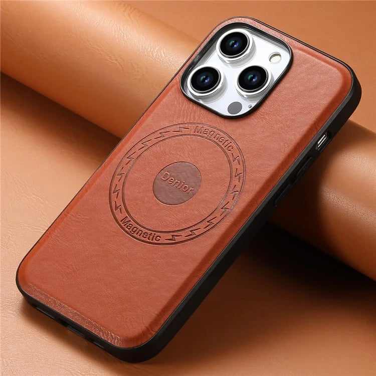 DENIOR For iPhone 15 Pro Max Magnetic Phone Case PU Leather Coated TPU+PC Cover