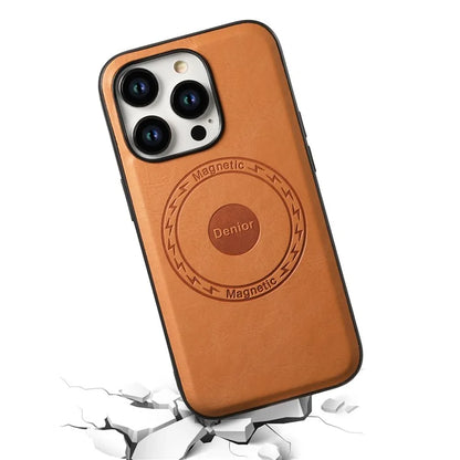 DENIOR For iPhone 15 Pro Max Magnetic Phone Case PU Leather Coated TPU+PC Cover
