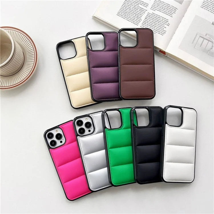 For iPhone 15 Pro PU+TPU+PC Case Solid Color Stitching Down Jacket Back Phone Cover