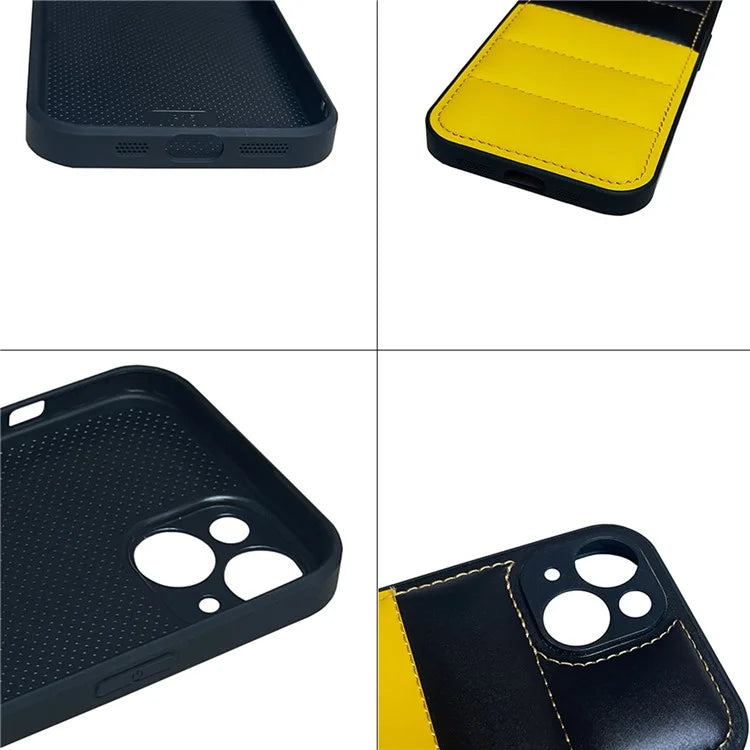For iPhone 14 Plus Case Splicing Color TPU+PU Leather Puffer Jacket Phone Cover