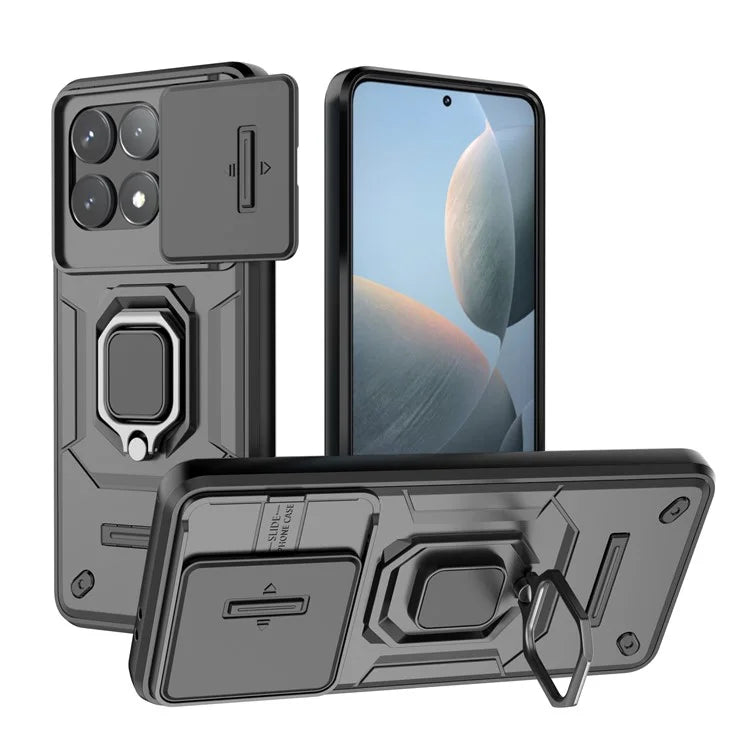 For Xiaomi Redmi K70 5G / K70 Pro 5G Cell Phone Case Slide Lens Lid PC+TPU Kickstand Back Cover