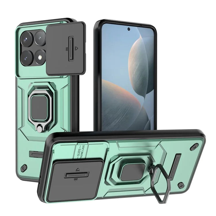 For Xiaomi Redmi K70 5G / K70 Pro 5G Cell Phone Case Slide Lens Lid PC+TPU Kickstand Back Cover