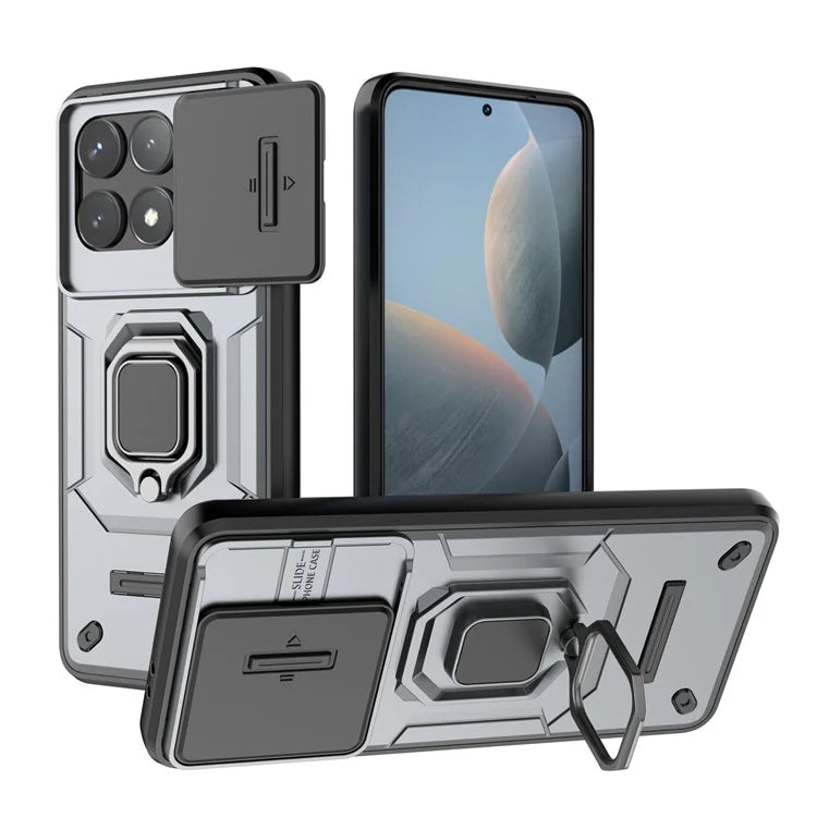 For Xiaomi Redmi K70 5G / K70 Pro 5G Cell Phone Case Slide Lens Lid PC+TPU Kickstand Back Cover