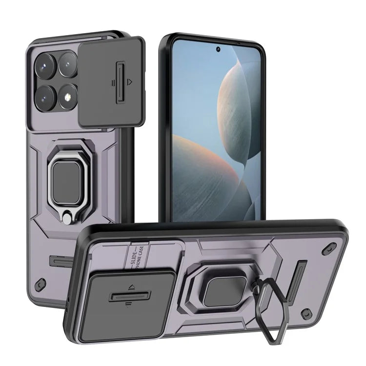 For Xiaomi Redmi K70 5G / K70 Pro 5G Cell Phone Case Slide Lens Lid PC+TPU Kickstand Back Cover