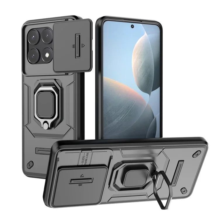 For Xiaomi Redmi K70E 5G / Poco X6 Pro 5G Cover Slide Lens Lid PC+TPU Shockproof Cell Phone Case with Kickstand
