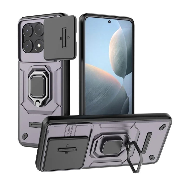 For Xiaomi Redmi K70E 5G / Poco X6 Pro 5G Cover Slide Lens Lid PC+TPU Shockproof Cell Phone Case with Kickstand