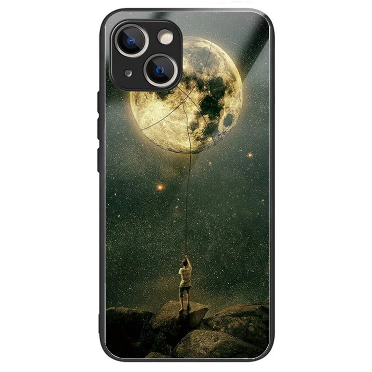 For iPhone 15 Plus Pattern Printing Phone Case TPU Frame Tempered Glass Back Cover