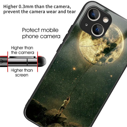 For iPhone 15 Plus Pattern Printing Phone Case TPU Frame Tempered Glass Back Cover