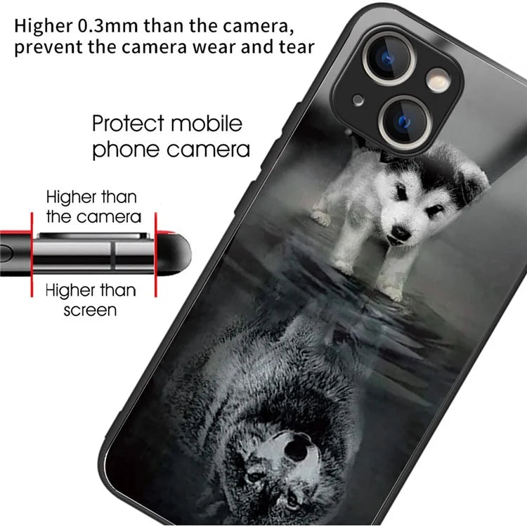 For iPhone 15 Plus Pattern Printing Phone Case TPU Frame Tempered Glass Back Cover