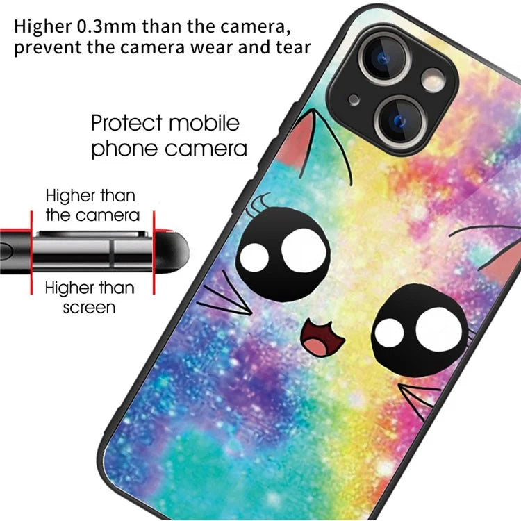 For iPhone 15 Plus Pattern Printing Phone Case TPU Frame Tempered Glass Back Cover