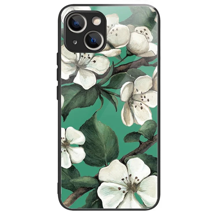 For iPhone 15 Plus Pattern Printing Phone Case TPU Frame Tempered Glass Back Cover
