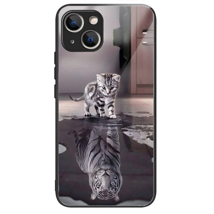 For iPhone 15 Plus Pattern Printing Phone Case TPU Frame Tempered Glass Back Cover