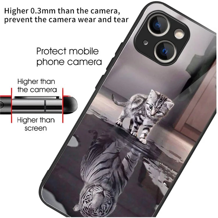 For iPhone 15 Plus Pattern Printing Phone Case TPU Frame Tempered Glass Back Cover