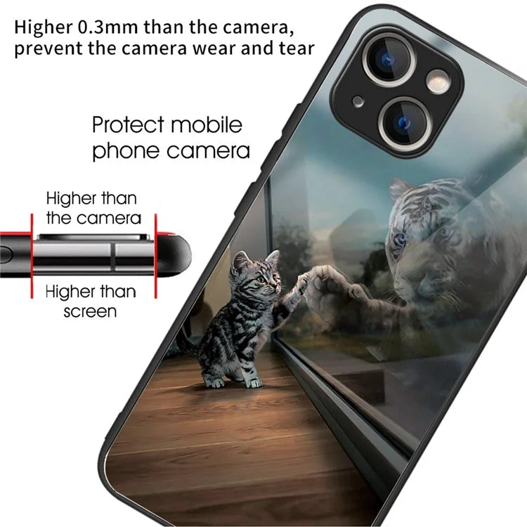 For iPhone 15 Plus Pattern Printing Phone Case TPU Frame Tempered Glass Back Cover