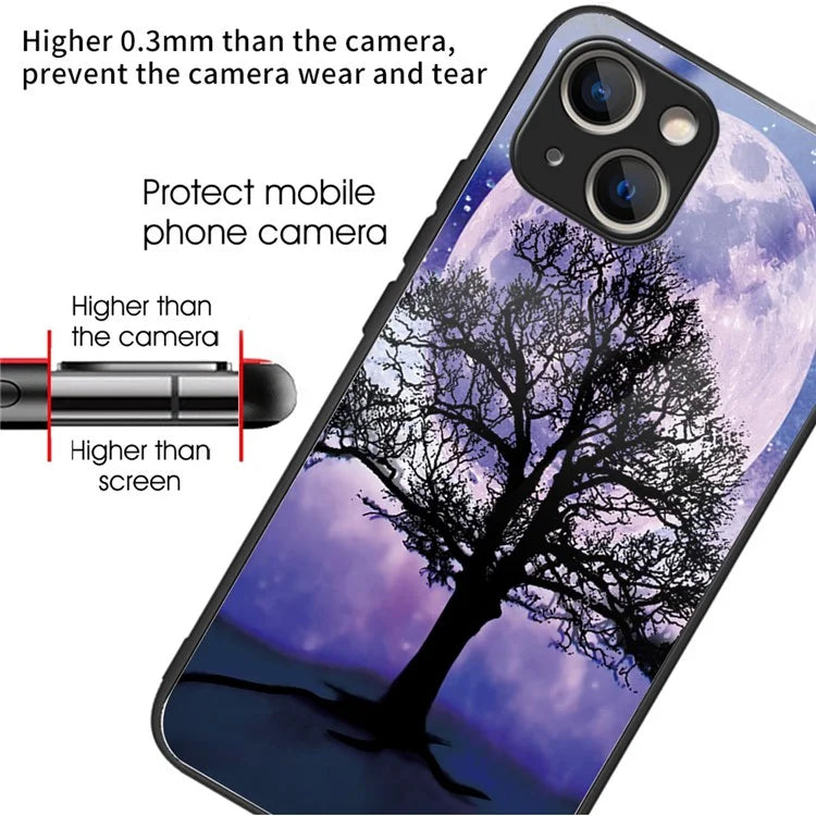 For iPhone 15 Plus Pattern Printing Phone Case TPU Frame Tempered Glass Back Cover
