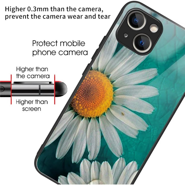 For iPhone 15 Plus Pattern Printing Phone Case TPU Frame Tempered Glass Back Cover