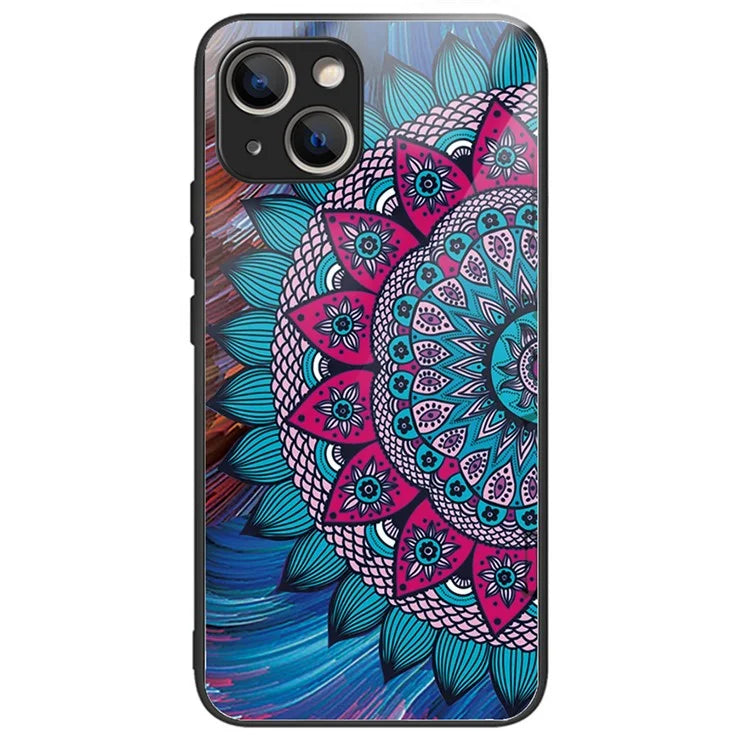 For iPhone 15 Plus Pattern Printing Phone Case TPU Frame Tempered Glass Back Cover