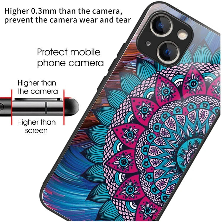 For iPhone 15 Plus Pattern Printing Phone Case TPU Frame Tempered Glass Back Cover