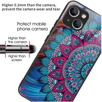 For iPhone 15 Plus Pattern Printing Phone Case TPU Frame Tempered Glass Back Cover