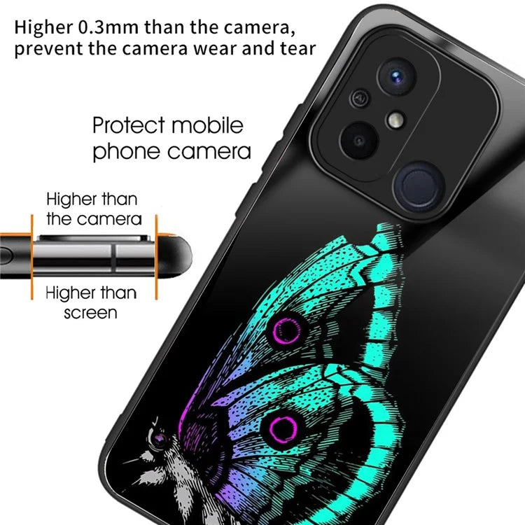 Back Case for Xiaomi Redmi 12C 4G Shell TPU+Tempered Glass Pattern Printing Cover