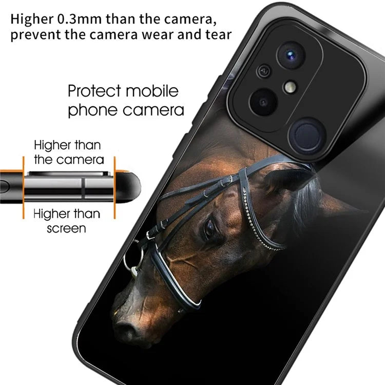 Back Case for Xiaomi Redmi 12C 4G Shell TPU+Tempered Glass Pattern Printing Cover