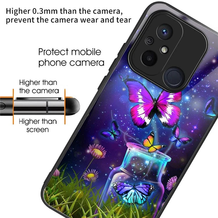 Back Case for Xiaomi Redmi 12C 4G Shell TPU+Tempered Glass Pattern Printing Cover