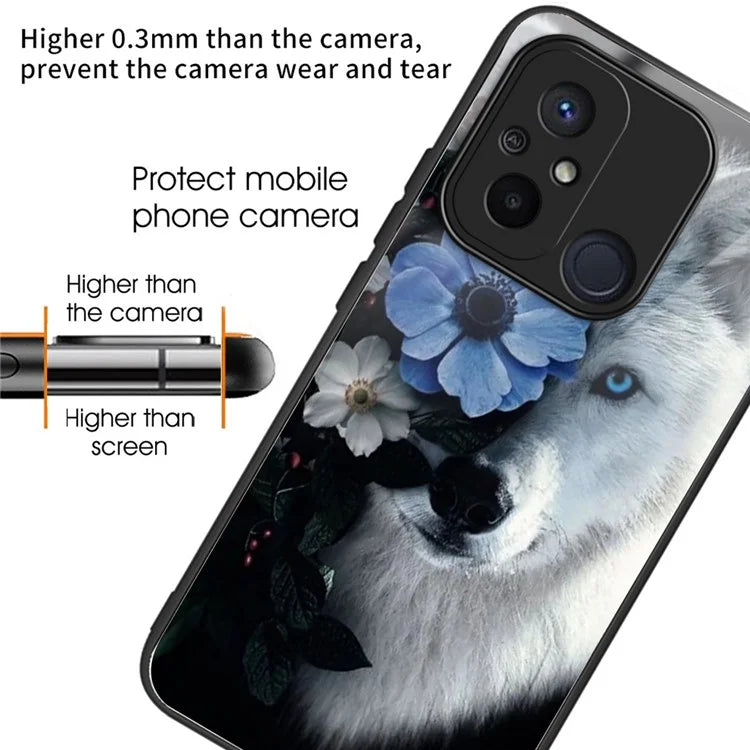 Back Case for Xiaomi Redmi 12C 4G Shell TPU+Tempered Glass Pattern Printing Cover