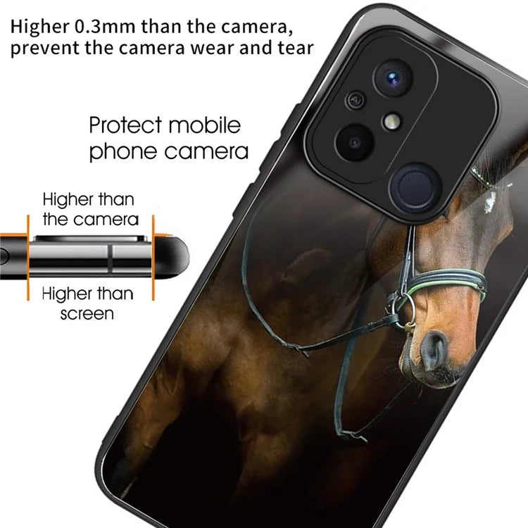 Back Case for Xiaomi Redmi 12C 4G Shell TPU+Tempered Glass Pattern Printing Cover